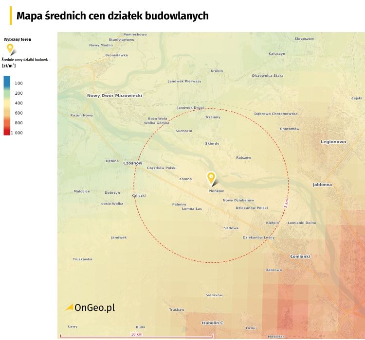 Mapa średnich cen działek budowlanych w Raporcie o terenie OnGeo.pl