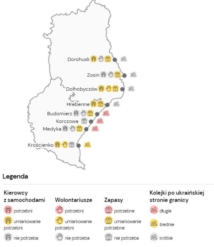 Sytuacja na przejściach granicznych, źródło: https://ukraina.grupagranica.pl/