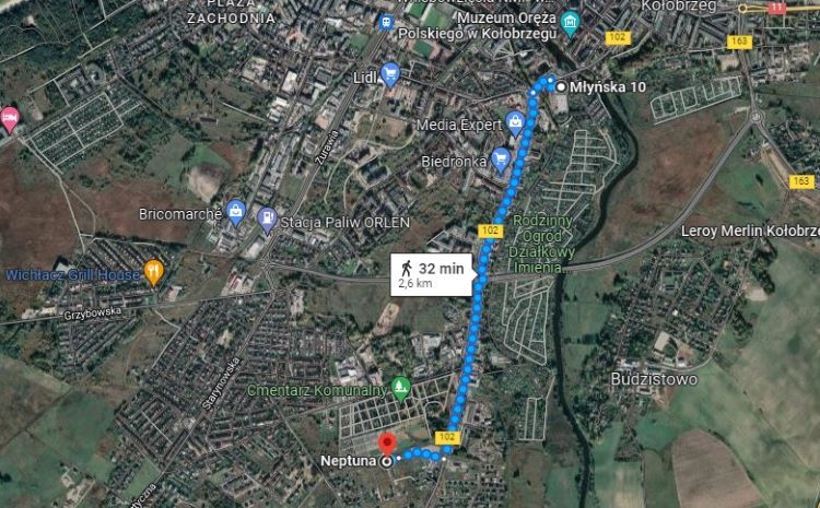 Trasa od osiedla na Młyńskiej w Kołobrzegu do parkingu