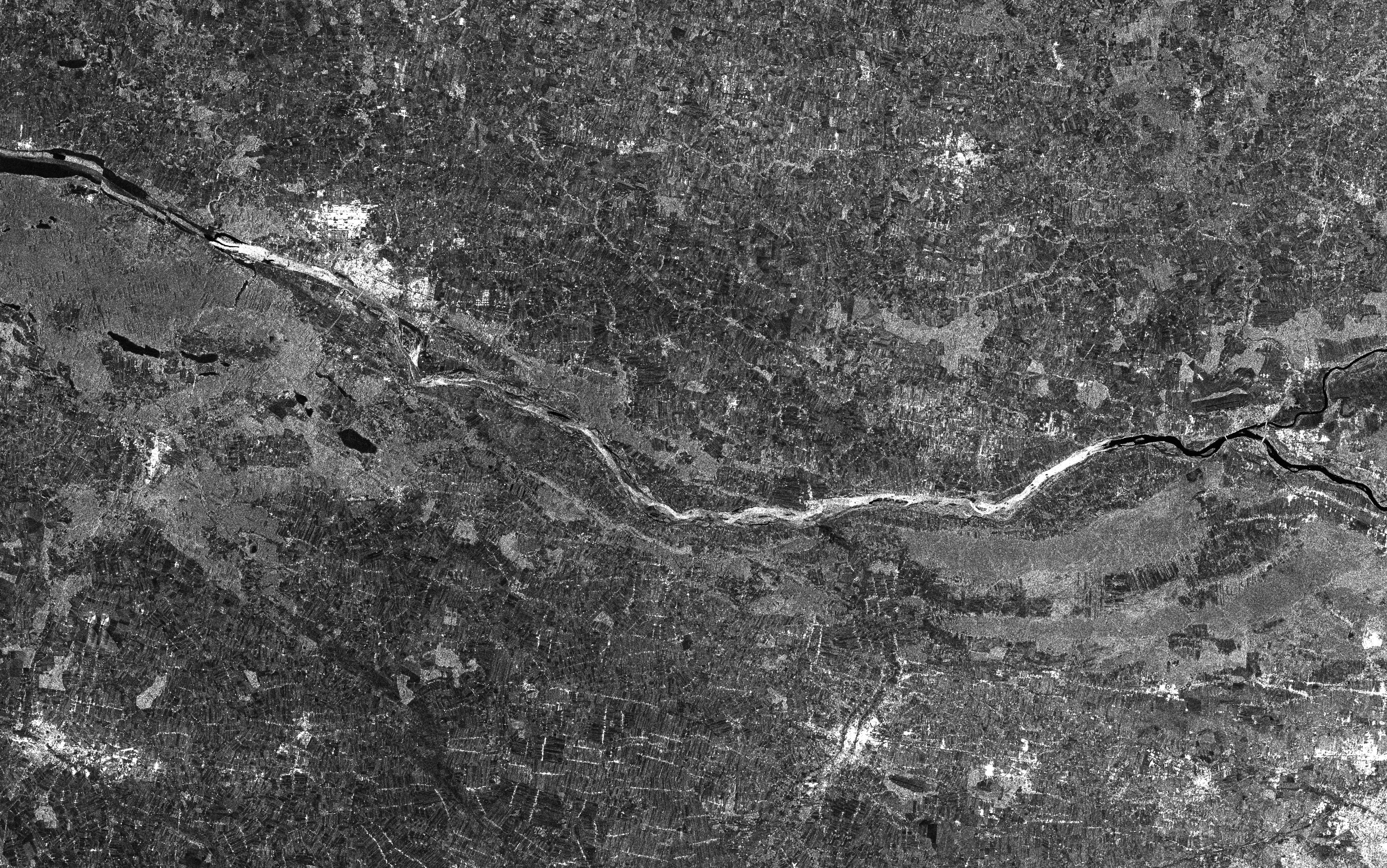 Zatory lodowe w okolicy Płocka widoczne na zobrazowaniu radarowym Sentinel-1 z dnia 22.02.2021