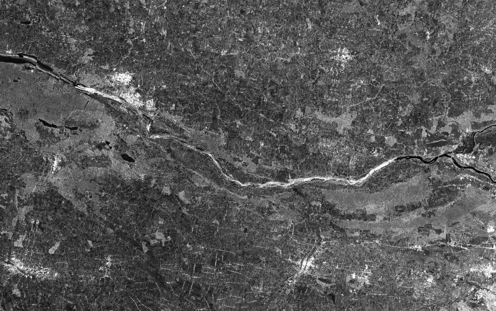 Zatory lodowe w okolicy Płocka widoczne na zobrazowaniu radarowym Sentinel-1 z dnia 22.02.2021