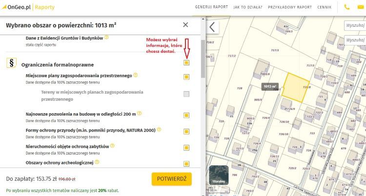 Wybrałam pełen zakres danych dla działki, OnGeo.pl