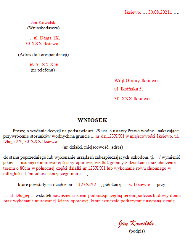 Wniosek o przywrócenie stosunków wodnych na gruncie