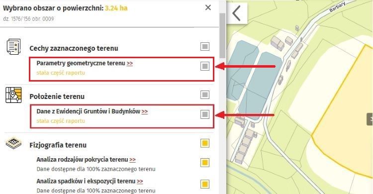 Wybierz cechy - parametry geometryczne terenu i dane z EGIB
