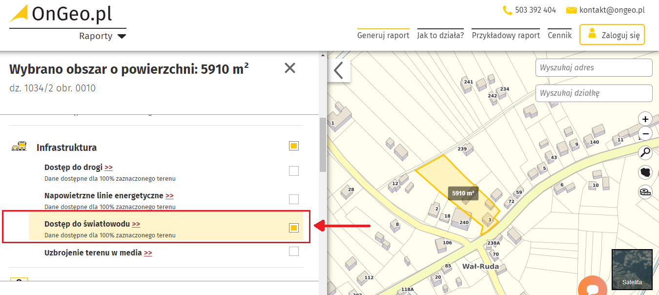 Wybór tematu w Raportach o Terenie, mapa światłowodów
