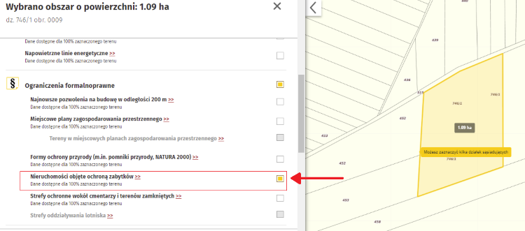 Wybór tematu w Raportach o Terenie, nieruchomości objęte ochroną zabytków
