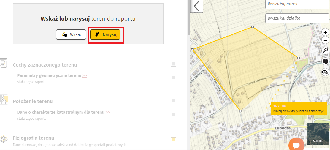 Wyszukaj raport o terenie za pomocą opcji narysuj