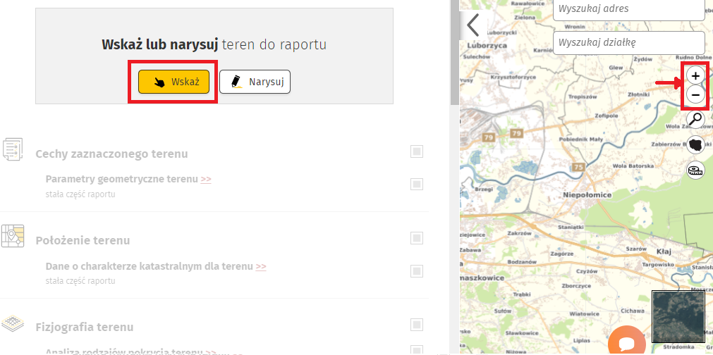 Wyszukaj Raport o Terenie za pomocą opcji wskaż na mapie