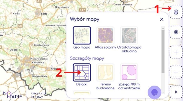 Możesz również zmienić rodzaj mapy (1), Wybierz “Działki” aby wyświetlić granice nieruchomości (2)/Na Mapie/