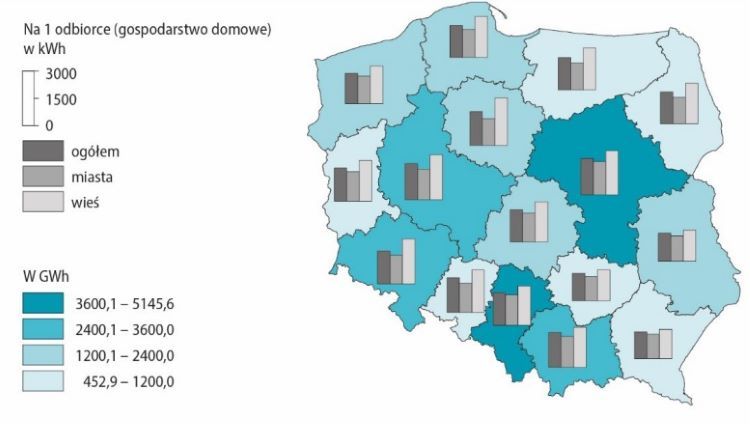 Mapa 3: Zużycie energii elektrycznej w gospodarstwach domowych na 1 mieszkańca w 2022 r, źródło: dane GUS