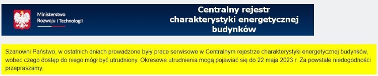 Komunikat ze strony centralnego rejestru charakterystyki energetycznej budynków - strona MRiT