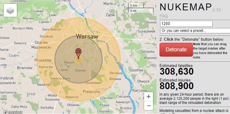 Mapa Amerykańskiego Instytutu Future of Life, symulacja ataku atomowego w przypadku zrzucenia bomby na Okręciu