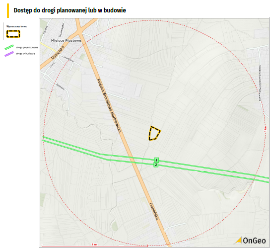 Sekcja Dostęp do drogi planowanej w Raporcie o Terenie OnGeo