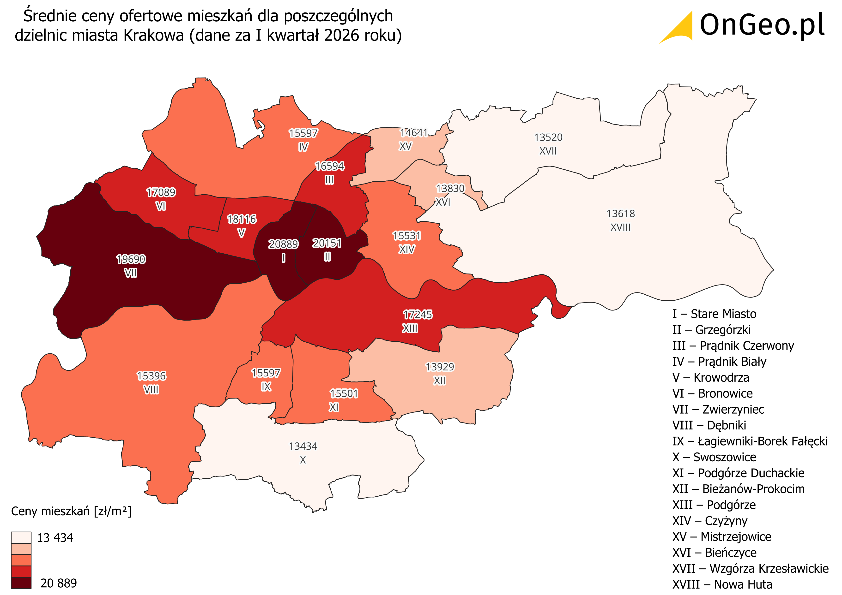 Mapa średnich cen ofertowych mieszkań w dzielnicach Krakowa.