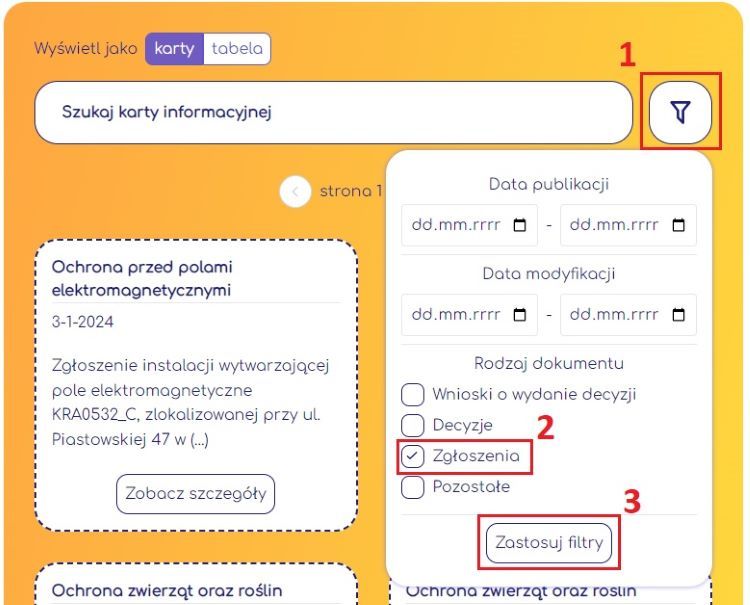 Szukaj kart informacyjnych mających wpływ na środowisko, Na Mapie