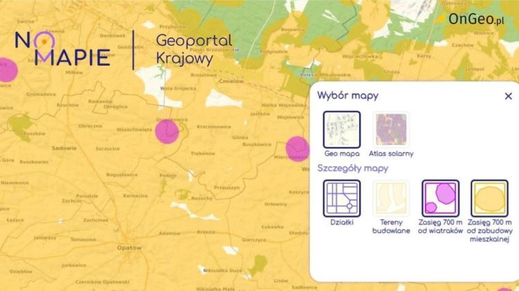 Mapa zasięgu 700 m od turbin wiatrowych, Geoportal Na Mapie