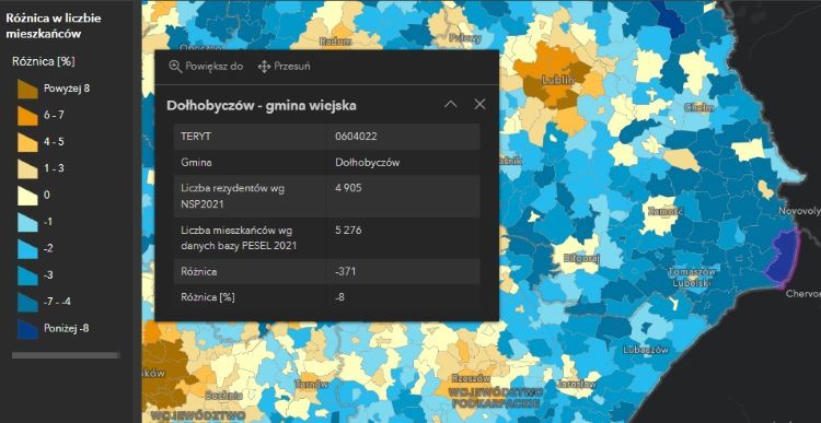 Różnica w licznie mieszkańców między NSP 2021 a bazą PESEL - gmina Dołhobyczów, IRMKRK