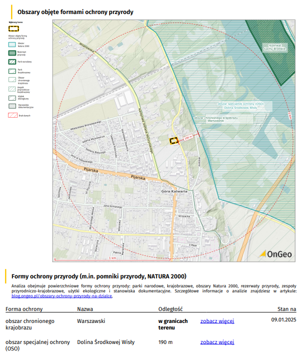 Raport o terenie OnGeo.pl - Obszary objęte formami ochrony przyrody