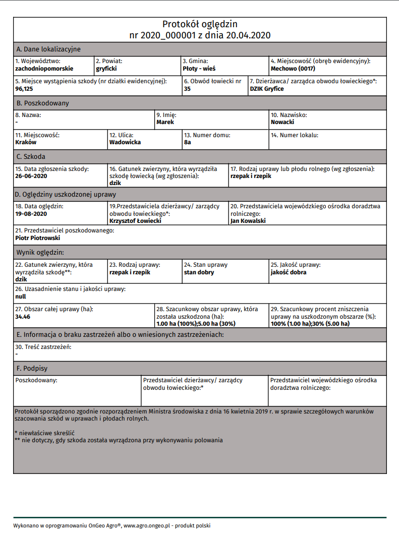 Przykładowy protokół oględzin wygenerowany w portalu agro.ongeo.pl