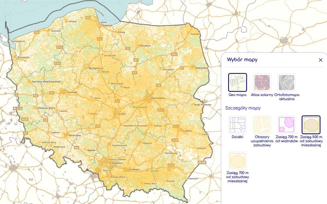 Mapa zasięgu 500 m od wiatraka