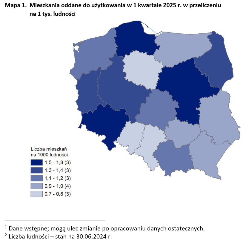 Mieszkania oddane do użytkowania w 1 kwartale 2025 r. w przeliczeniu na 1 tys. ludności