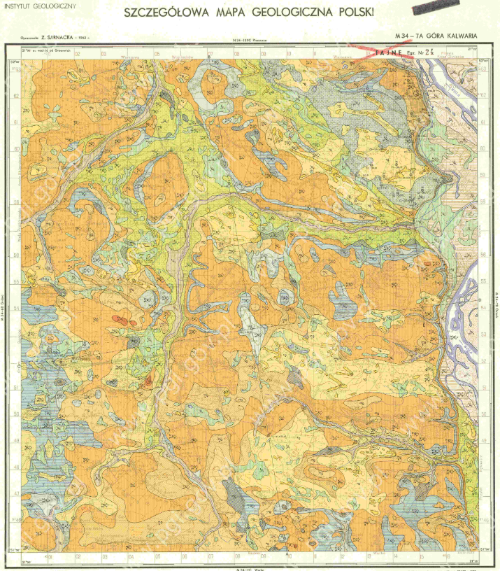 Przykład szczegółowej mapy geologicznej Polski okolic Góry Kalwarii w województwie mazowieckim, źródło: PIG