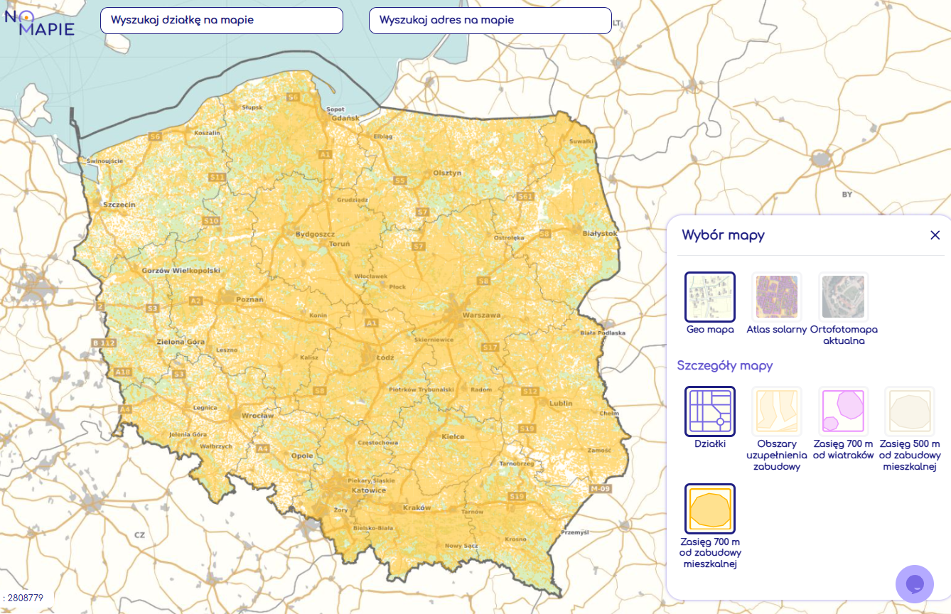 Mapa zasięgu 700 m od zabudowy mieszkaniowej, Geoportal Na Mapie