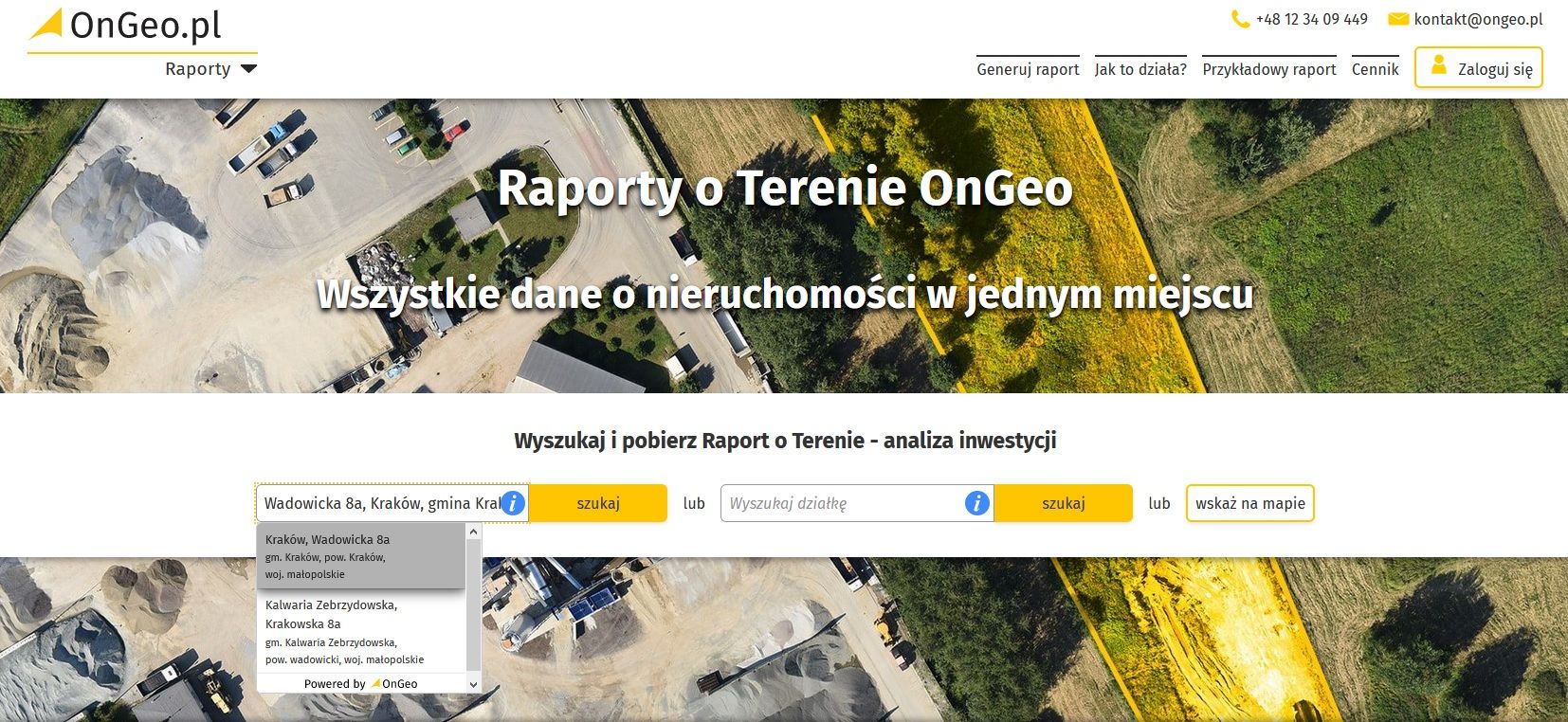 Raport o Terenie OnGeo - wskaż lub wyszukaj działkę.