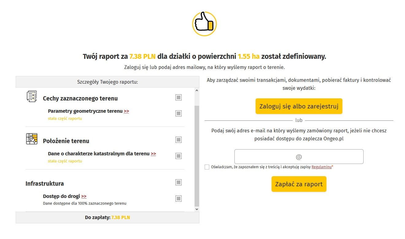 Podsumowanie raport Dostępu do drogi publicznej z informacją o nawierzchni drogi.