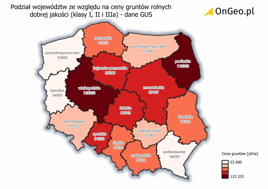 Ceny gruntów rolnych dobrej jakości (klasy I, II i IIIa) w podziale na województwa.