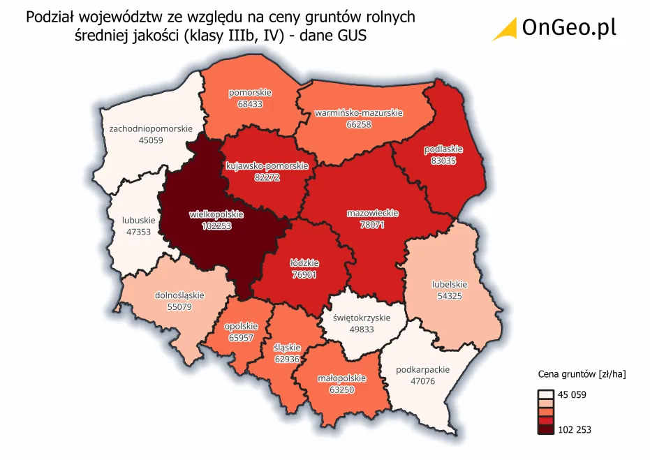 Ceny gruntów rolnych średniej jakości (klasy IIIb i IV) w podziale na województwa.