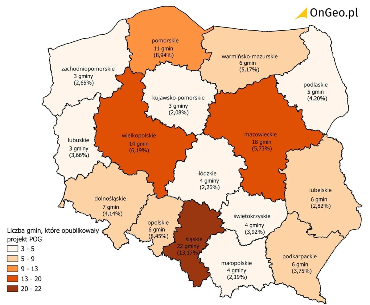 Mapa: Opublikowane projekty planów ogólnych w podziale na województwa w Polsce. 