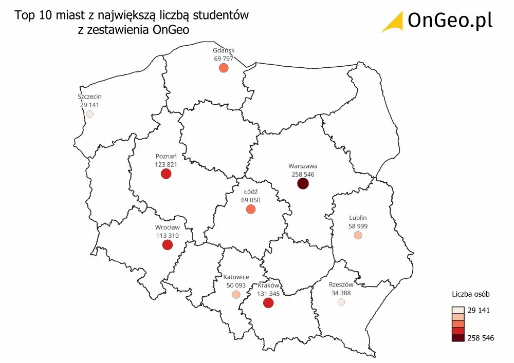 mapa liczba studentów polska 10 największych miast akademickich 2024