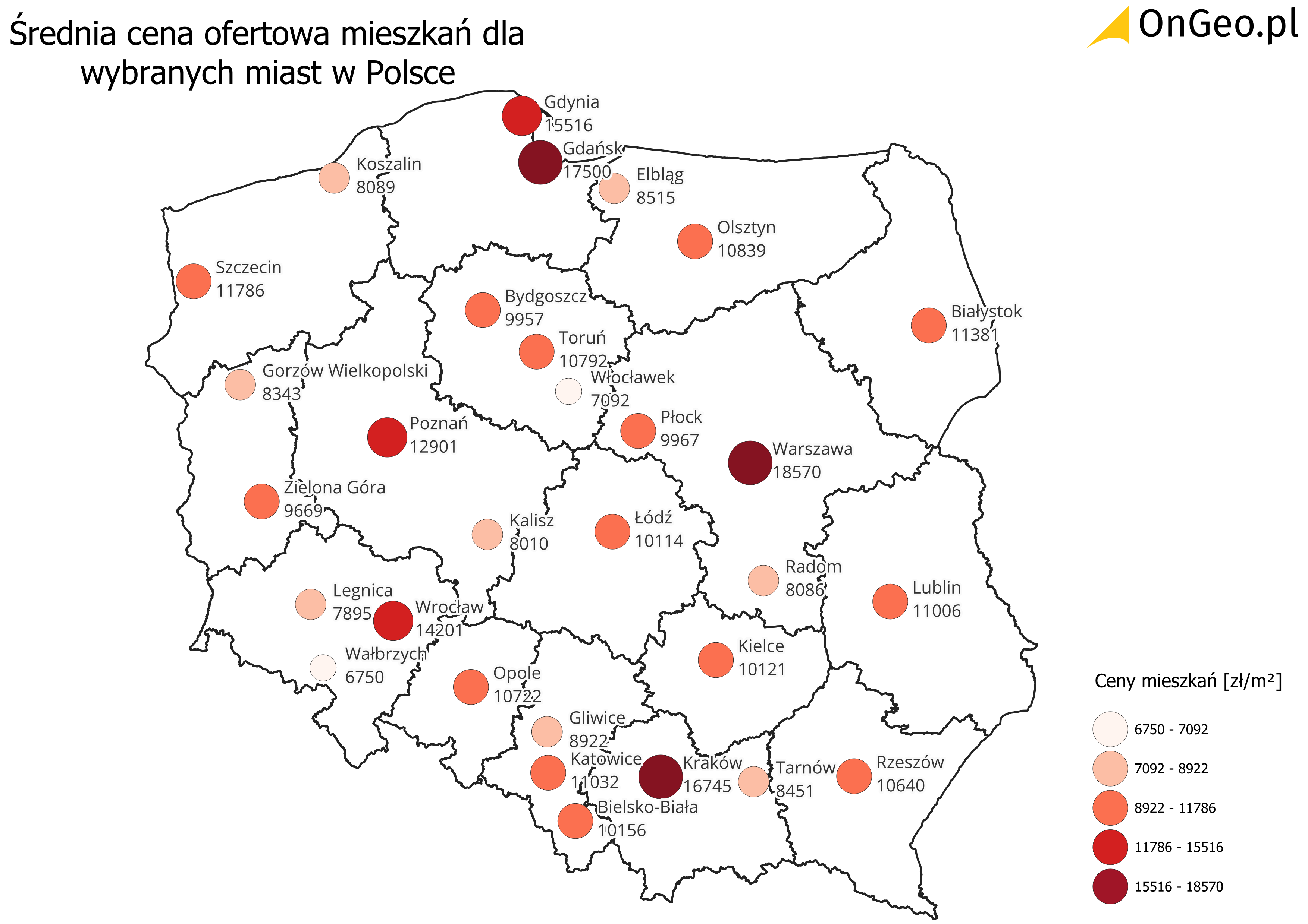Średnia cena ofertowa mieszkań dla wybranych miast w Polsce w lutym 2026 roku.
