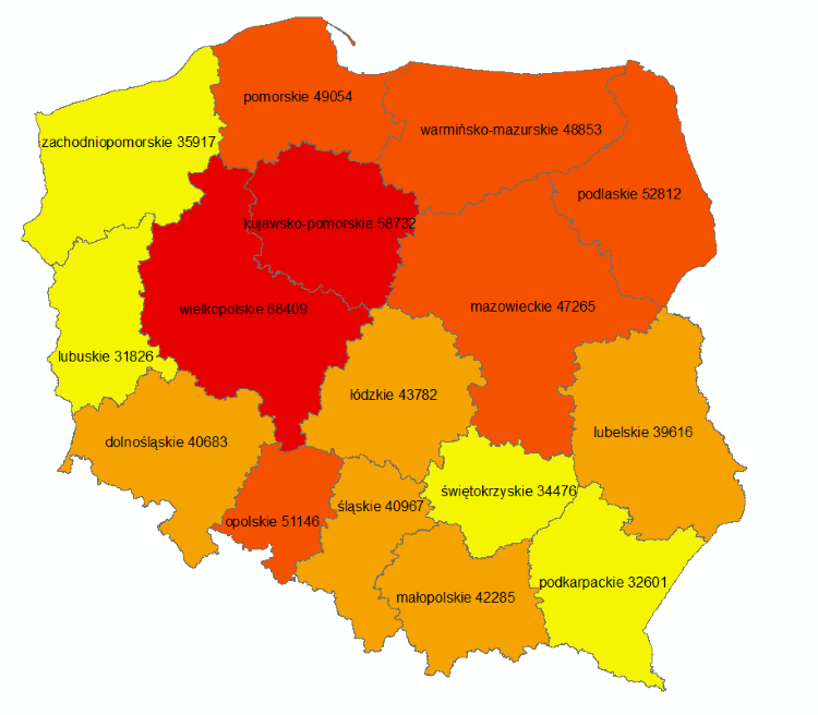 Mapa cen gruntów rolnych z podziałem na województwa 2021 - opracowanie własne na podstawie danych GUS