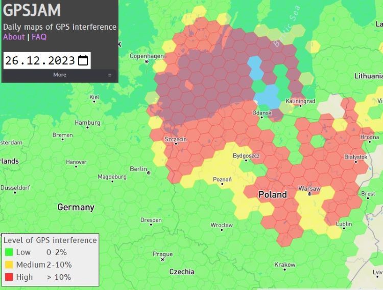 Mapa zakłócenia sygnału GPS, źródło: gpsjam.org