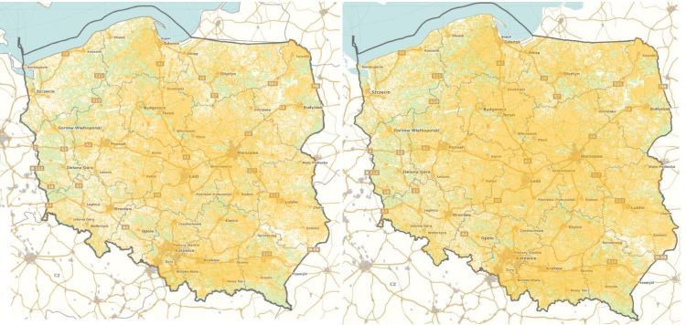 Porównanie zasięgu 500 m (po lewej) i 700 metrów (po prawej) od wiatraka, Geoportal Na Mapie