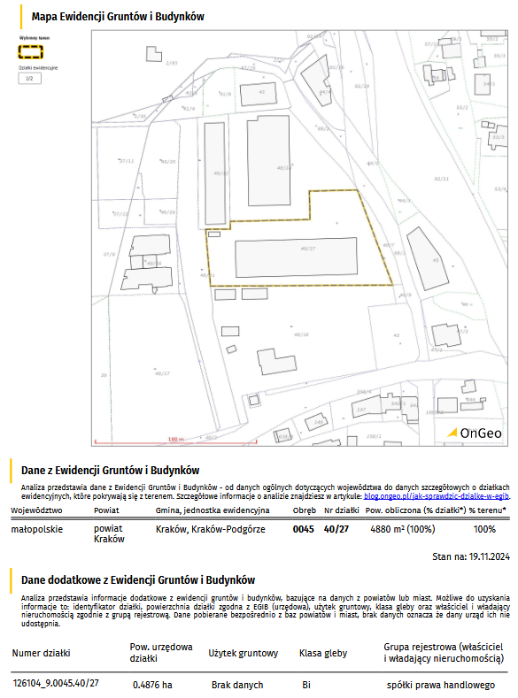 Raport o terenie OnGeo.pl - Dane z Ewidencji Gruntów i Budynków