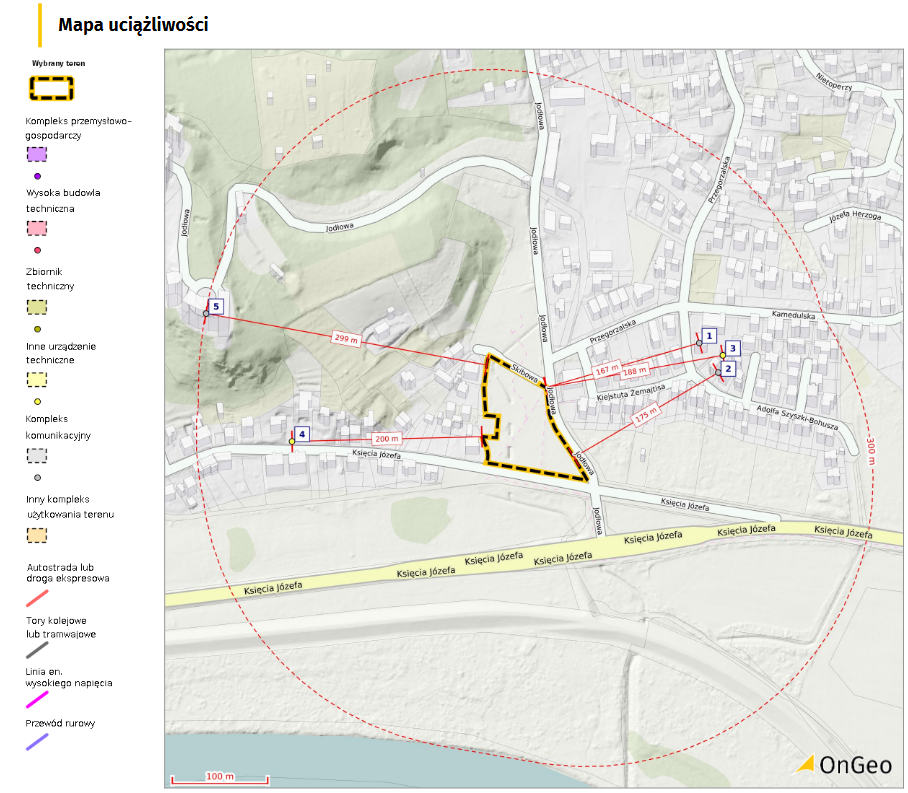 Mapa uciążliwości w Raporcie o terenie OnGeo.pl