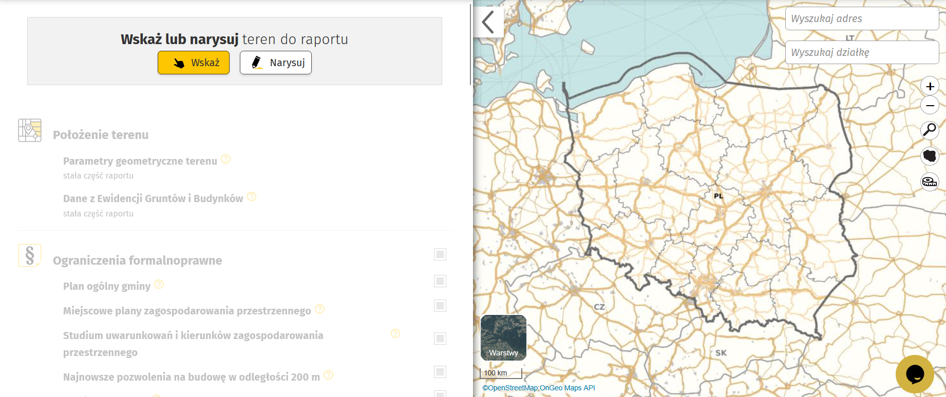 Wyszukaj Raport o Terenie za pomocą opcji wskaż na mapie lub adresu lub numeru działki