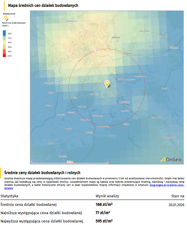 Raport o Terenie OnGeo.pl - Mapa średnich cen działek budowlanych