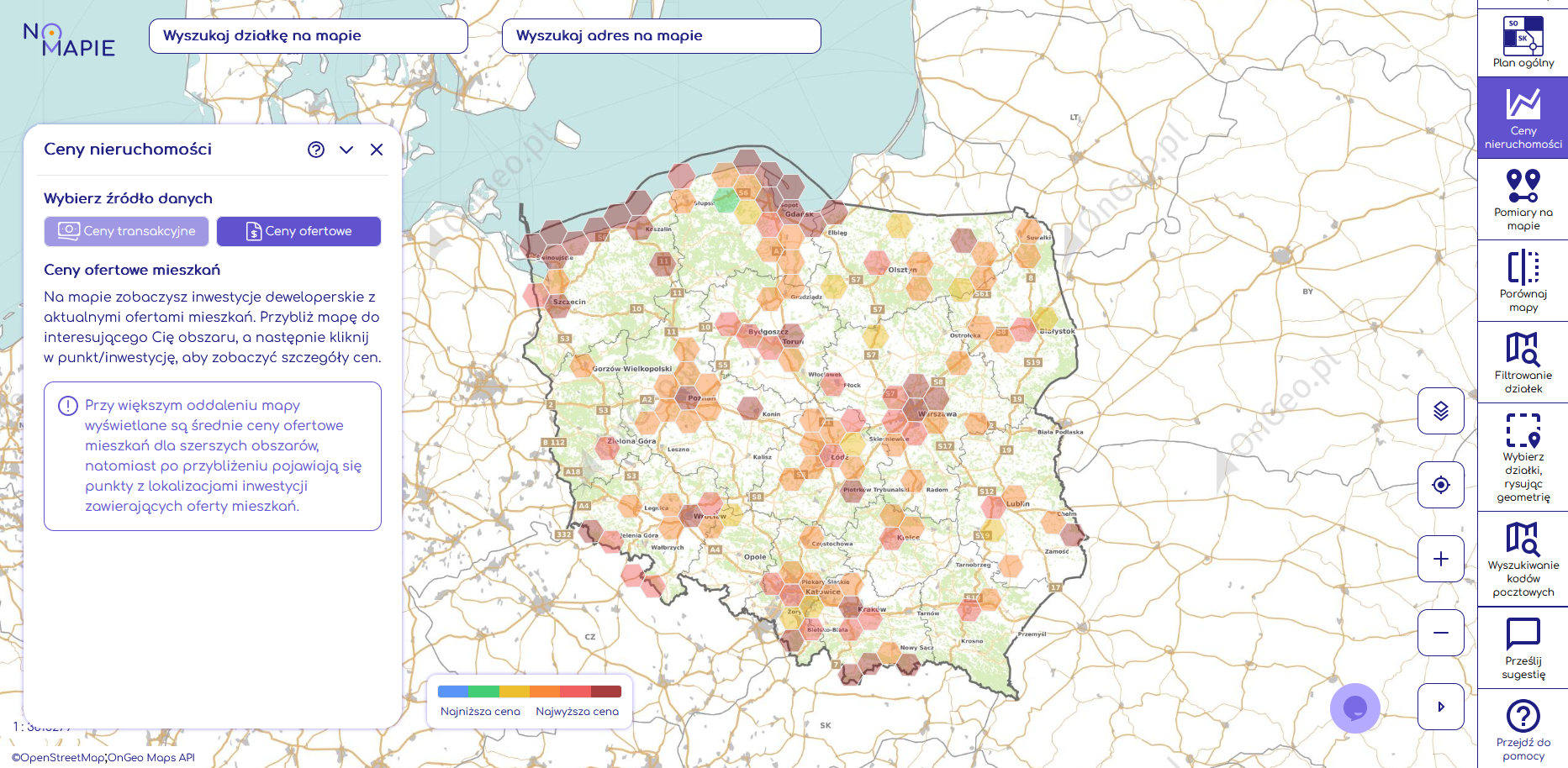 Mapa cen nieruchomości w Geoportalu Na Mapie