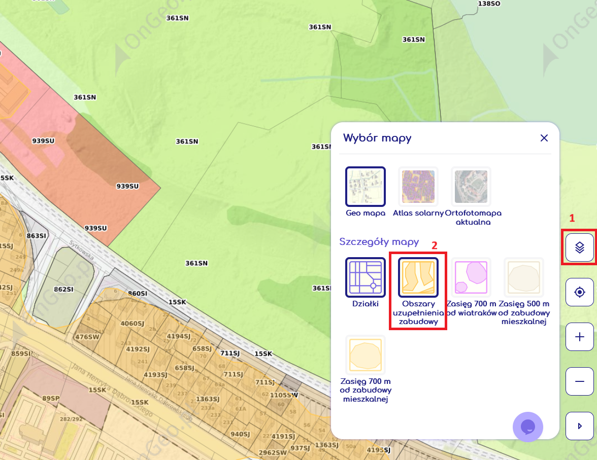 Wybierz warstwę mapy “Obszary uzupełnienia zabudowy" i zobacz czy twoja działka nadal będzie budowlana