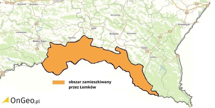 Obszar zamieszkiwany przez Łemków, opracowanie własne na podstawie Reinfuss 1990