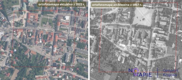 Porównanie ortofotomapy Miechowa z 2022 r i 1957 r., Na Mapie