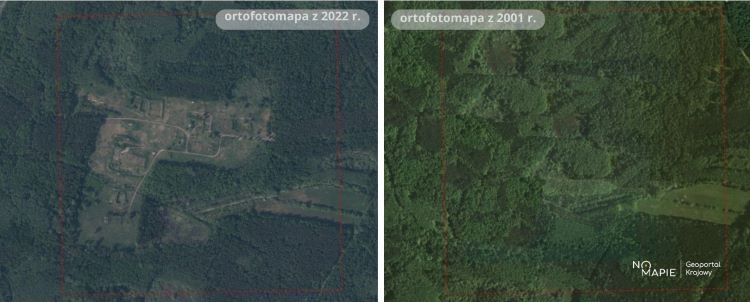Porównanie stanu zagospodarowania osiedla covidowego w Starych Babicach w Warszawie w 2022 i 2001 r, fot. Na Mapie