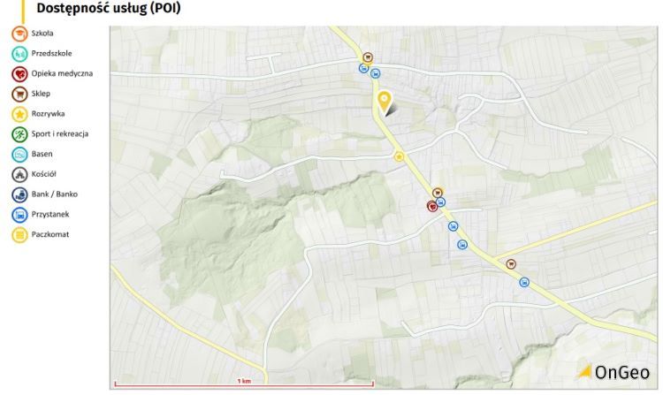 Otoczenie i obiekty użyteczności publicznej wokół działki, OnGeo.pl