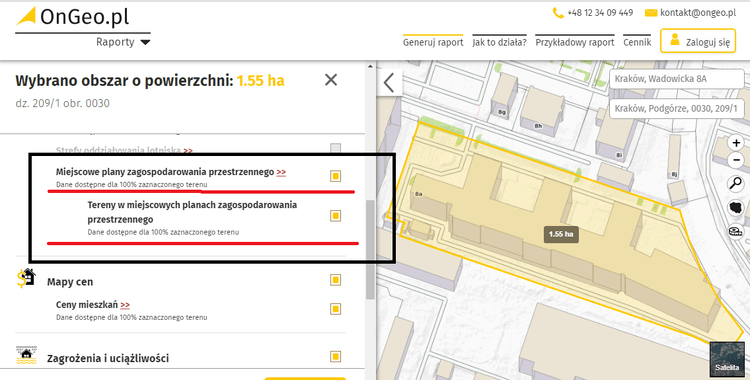 Generowanie raportu o terenie - wybór tematu mpzp