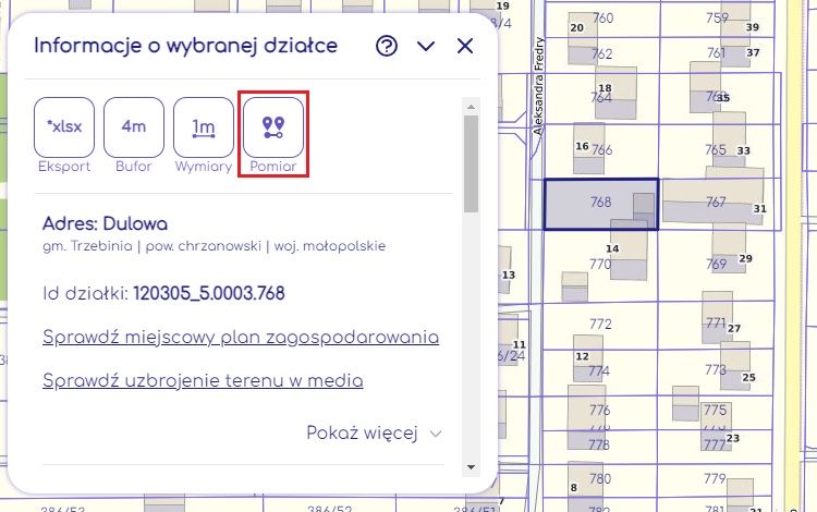 Wybierz pomiar i odczytaj współrzędne działki, Na Mapie