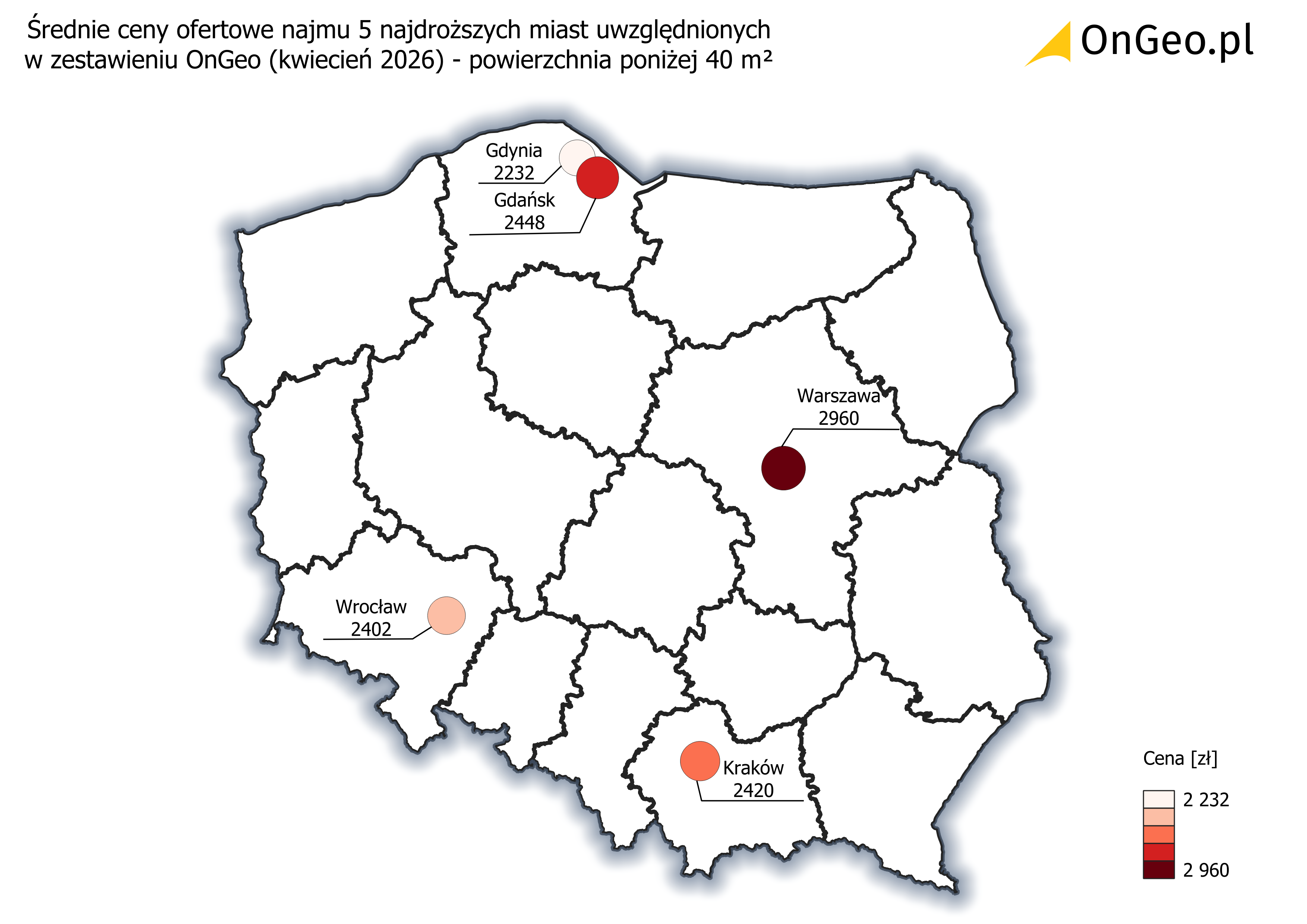Średnie ceny ofertowe najmu kawalerki (<40 m²) - 5 najdroższych miast, kwiecień 2026.